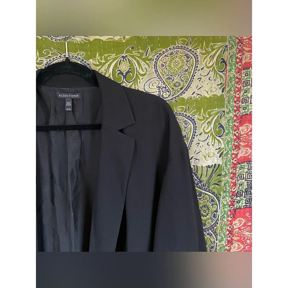 Eileen Fisher Black 100% Silk Crepe Georgette Modern Kimono Blazer Size Medium - Picture 4 of 15